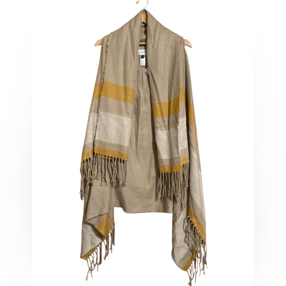 •UNIVERSAL THREAD•NWOT TAN,MUSTARD,WHITE BOHO FRINGE OPEN FRONT SCARF CARDIGAN